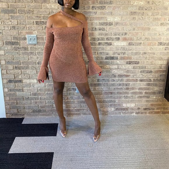 Dresses & Skirts - Glitter Mini Dress Cold Shoulders Bell Sleeves